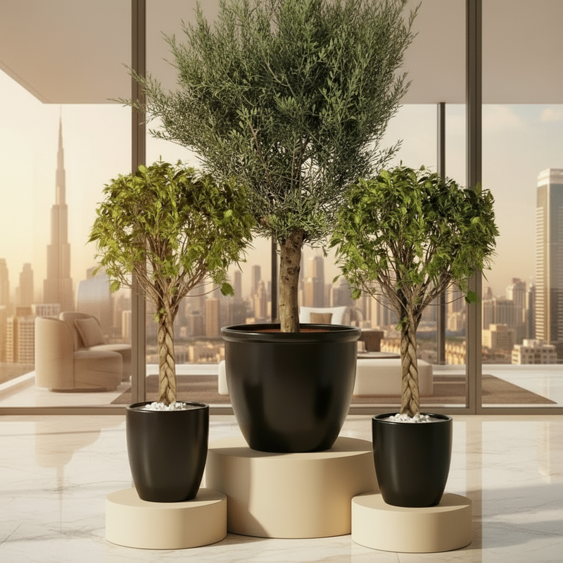 XL Olive Tree with Twin Braided Bonsais Bundle (Big Olive in Rolled Rim Pot 58x43(Ficus Diversifolia Twisted Trunk in ceramic pot)